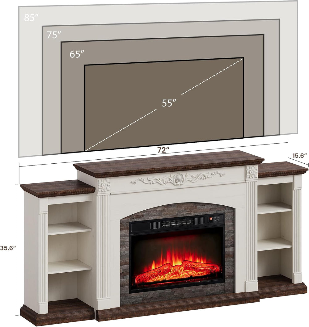 72" Electric Fireplace TV Stand for TVs Up to 85" with Mantel, White