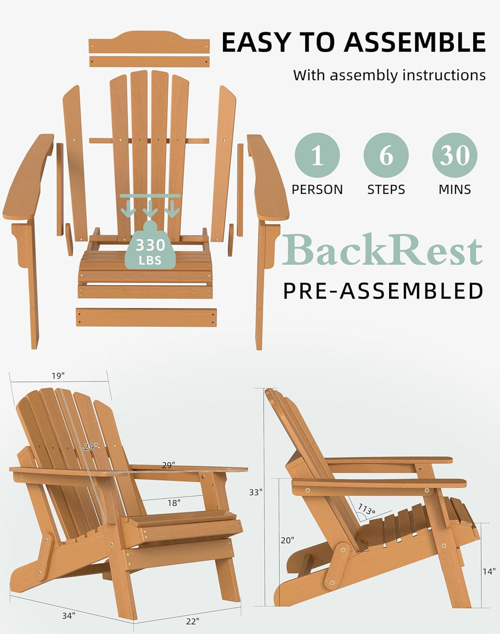 Oversized Wooden Folding Adirondack Chair with Pre-Assembled Backrest and Sea...