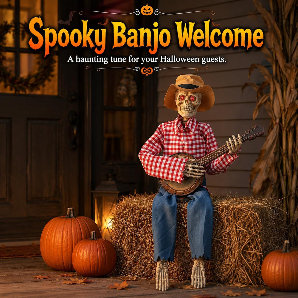 39" Halloween Animatronic Banjo-Playing Skeleton - Animated Scarecrow Co...
