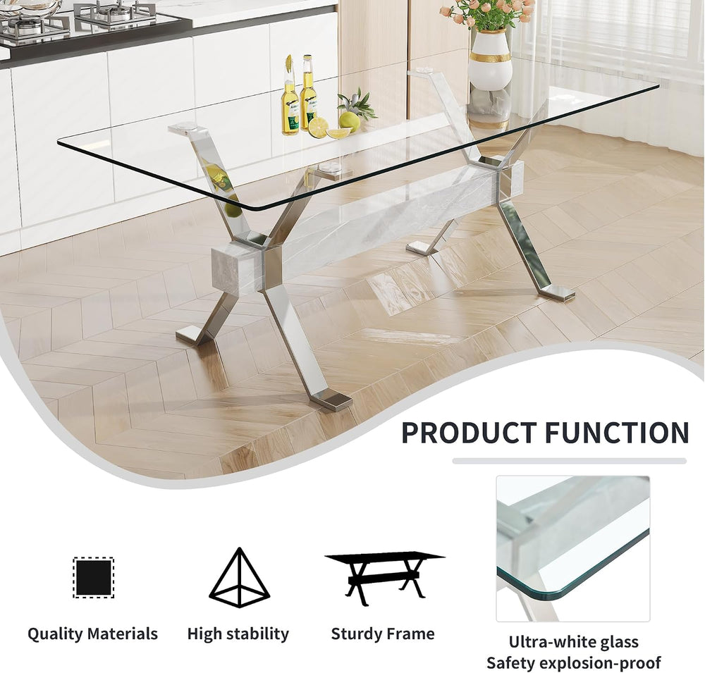 79'' Glass Dining Table, Modern Kitchen Table, Clear Dining Room Tabl...