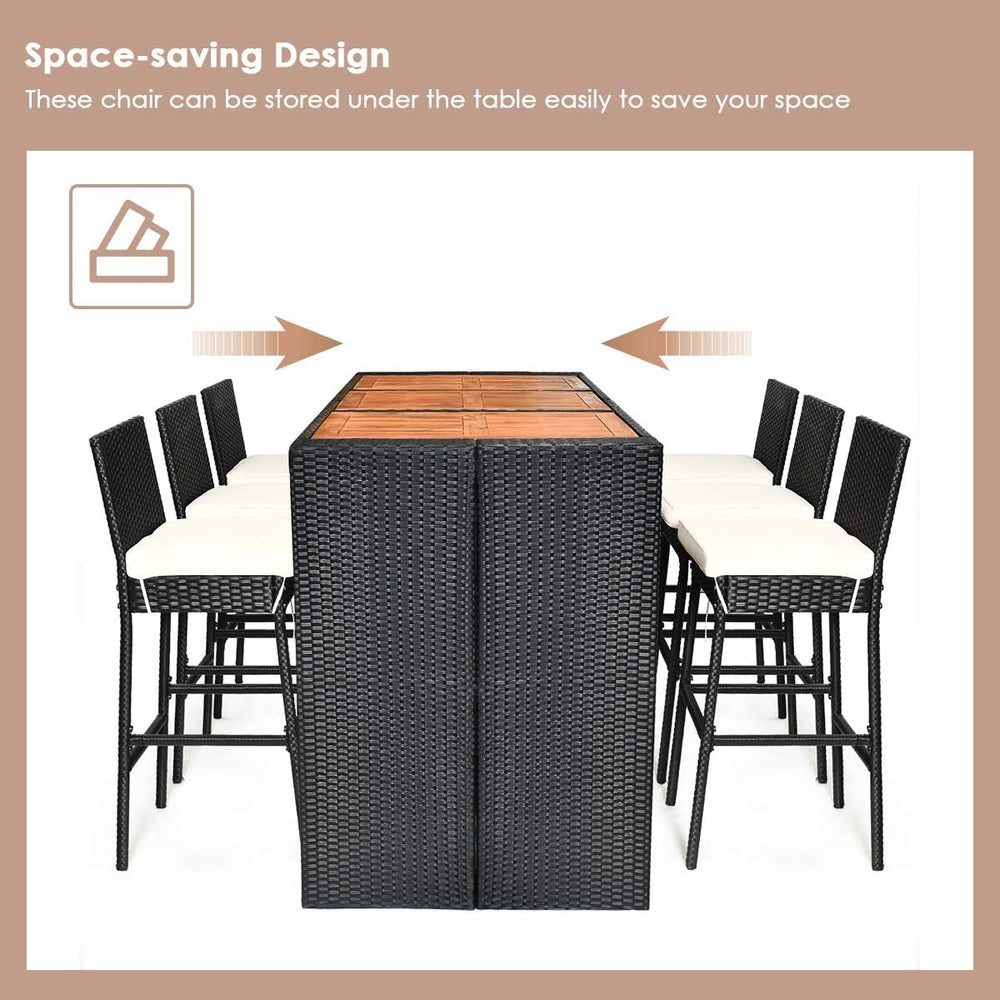 Tangkula 7 PCS Outdoor Wicker Furniture with Acacia Wood Bar Table Top and Re...