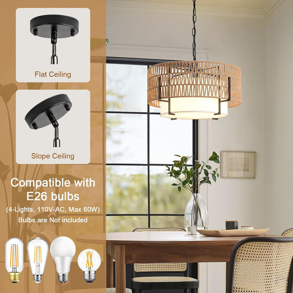 4-Light Boho Chandelier for Dining Room, 19.7" Rattan Pendant Light