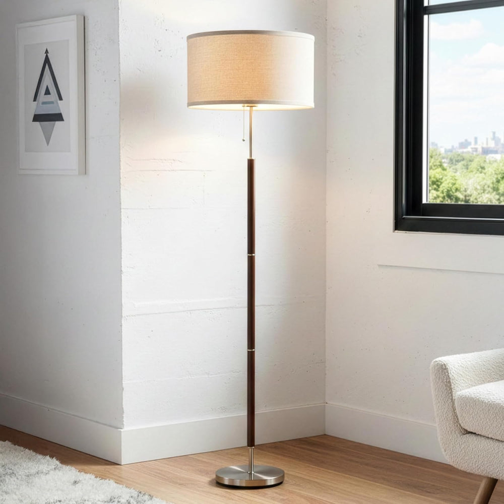 Brightech Carter LED Floor Lamp, Drum Shade with Walnut Wood Finish, Great Li...