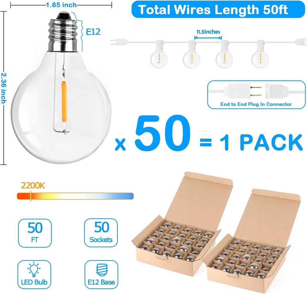 50FT LED G40 Globe String Lights White with 50+2 Dimmable Edison Bulbs