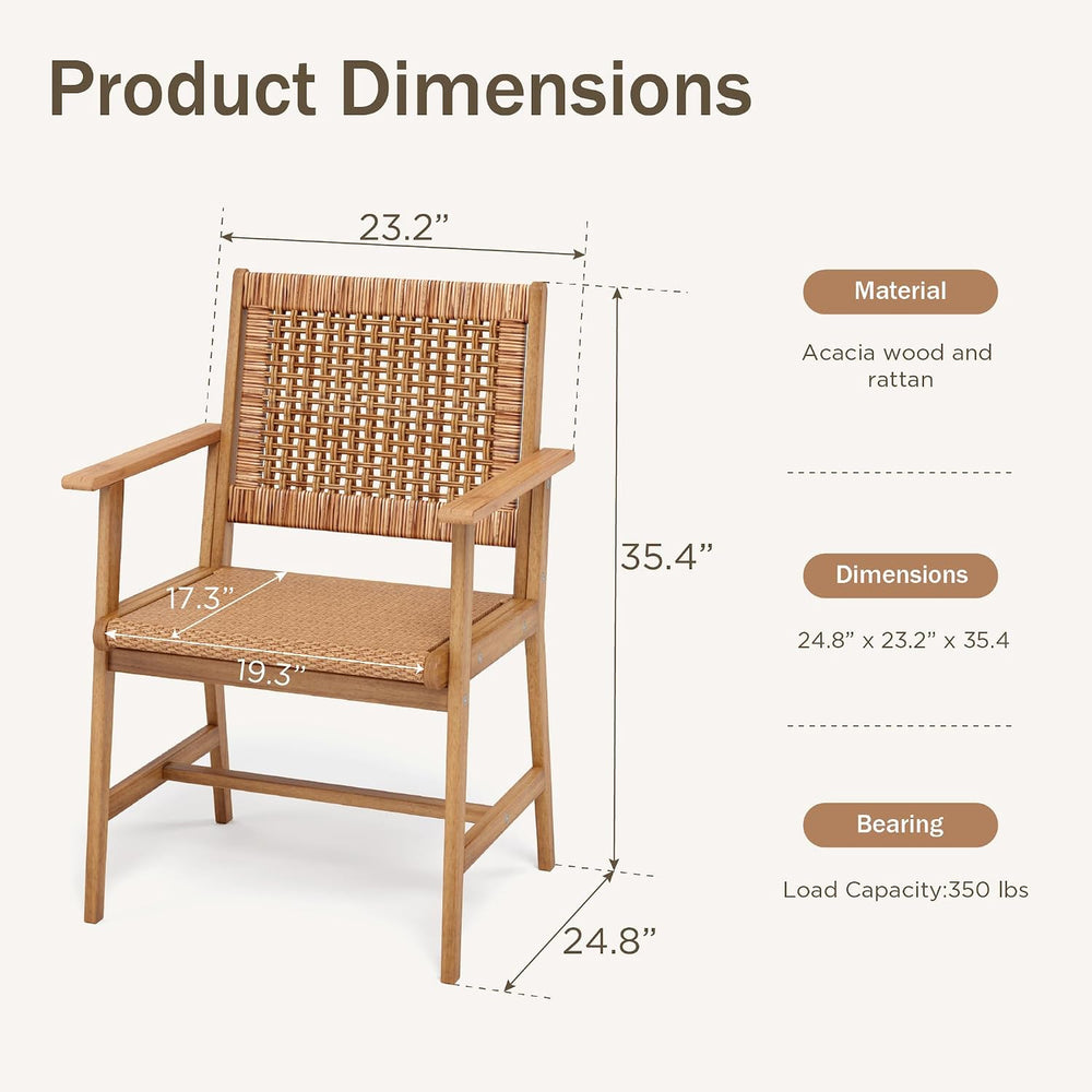 PHI VILLA Patio Dining Chairs, Set of 6, Acacia Wood & Wicker, Wood