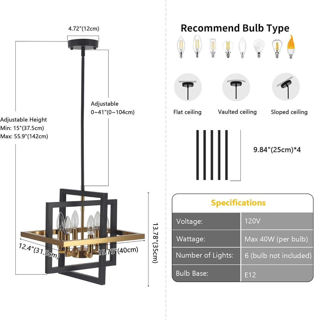 Small Black and Gold Chandelier- 6 Lights Geometric Pendant Light Fixture