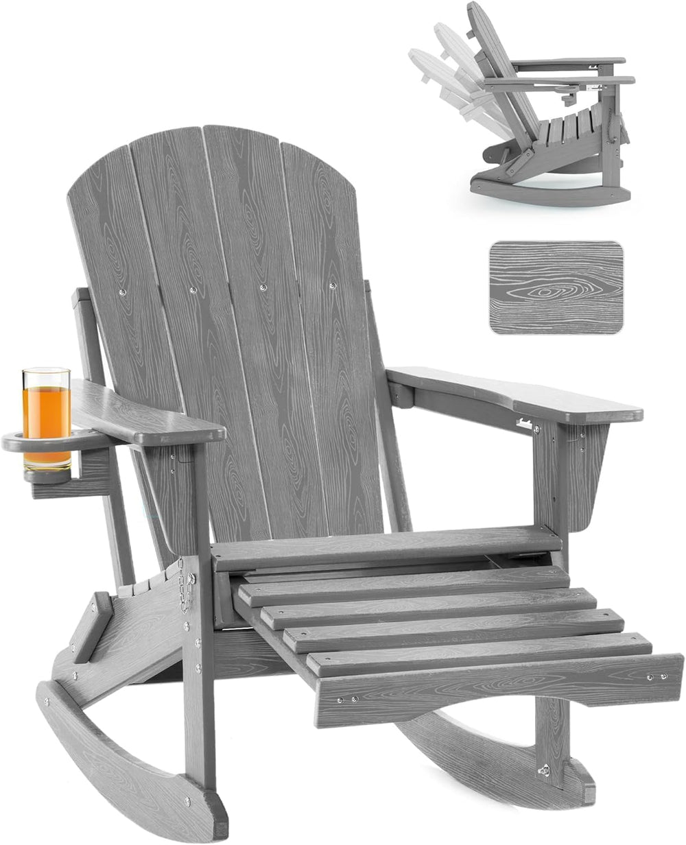 Adjustable Adirondack Rocking Chair 4-in-1 Retractable Ottoman,Grey