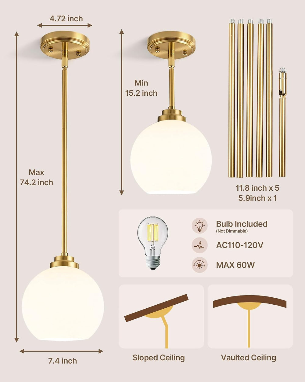Majade 7.4" Globe Pendant Lights Mid Century Modern Kitchen Island Penda...