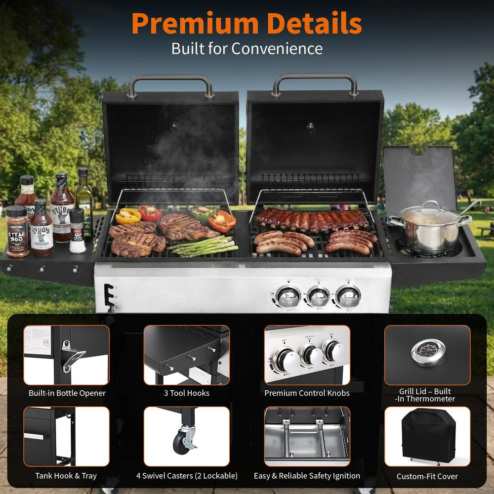 Gas & Charcoal Combo Grill, 2-in-1 Dual Fuel, Side Burner