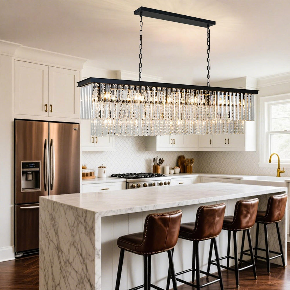 Modern Black Rectangular Chandelier, Double Layer Crystal Lighing Fixture