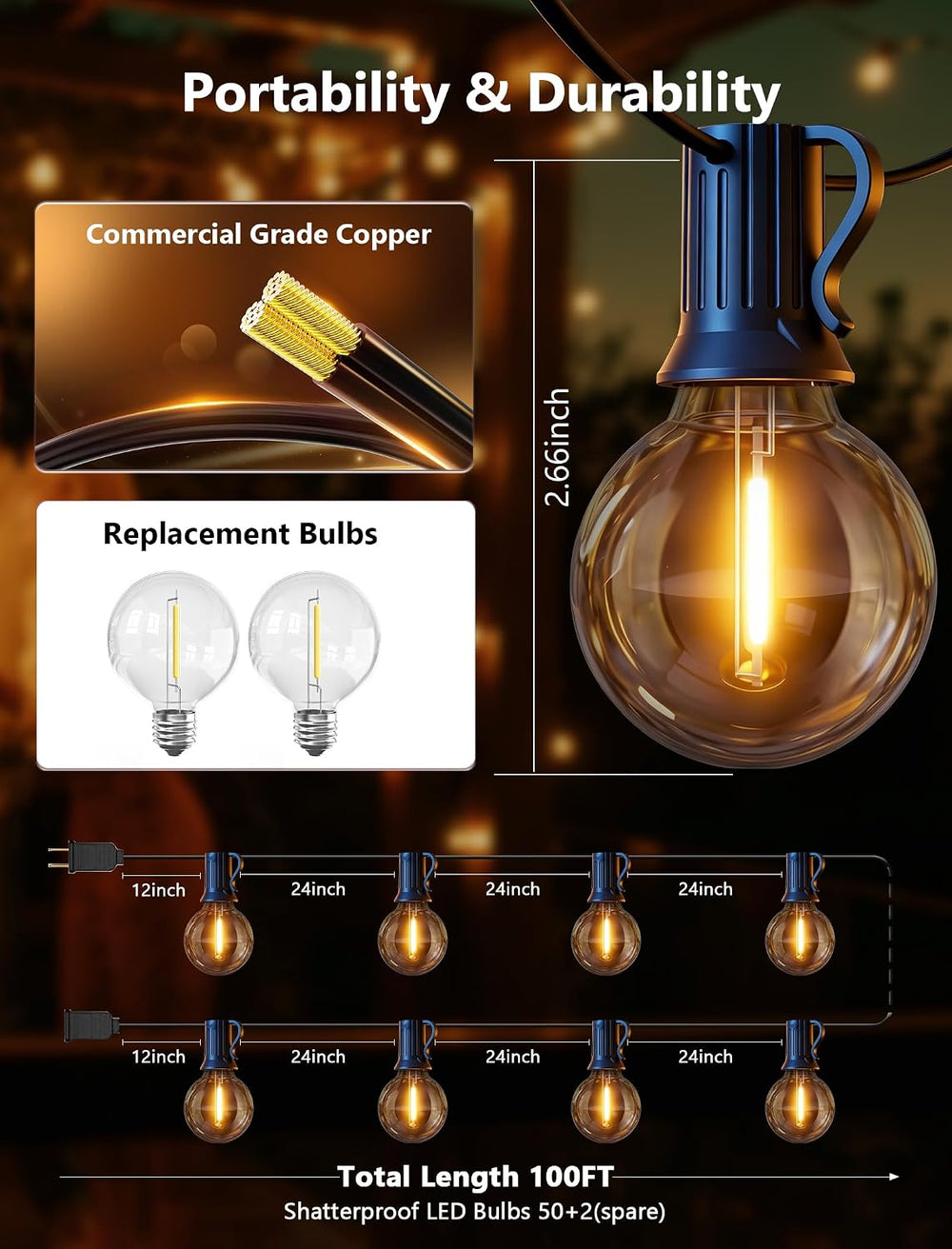 100FT Outdoor String Lights - Shatterproof G40 LED Bulbs, Waterproof Connecta...