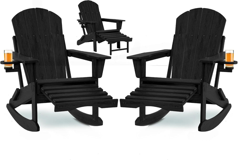 Adirondack Rocking Chair Set of 2 with Retractable Ottoman and Cup Holders, H...