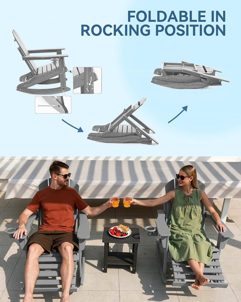Folding Adirondack Rocking Chair with Footrest, HDPE Adirondack 4-in-1 Multif...