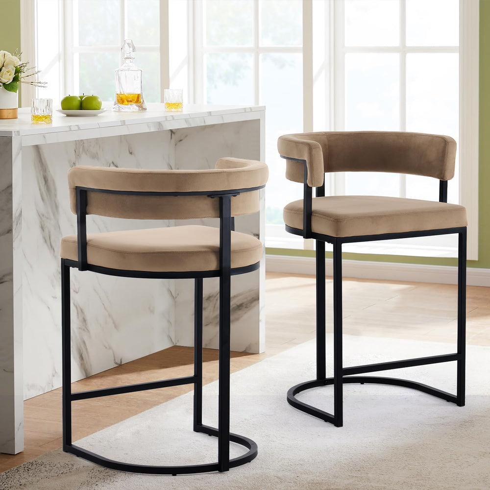 Set of 2 Brown Modern Velvet Bar Stools with Barrel Backrest, Upholstered Sea...