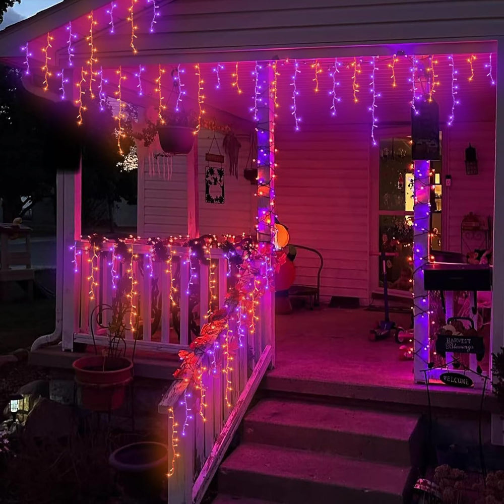 YEGUO 33ft 400 LED Orange and Purple Icicle Halloween Lights, 80 Drops Icicle...