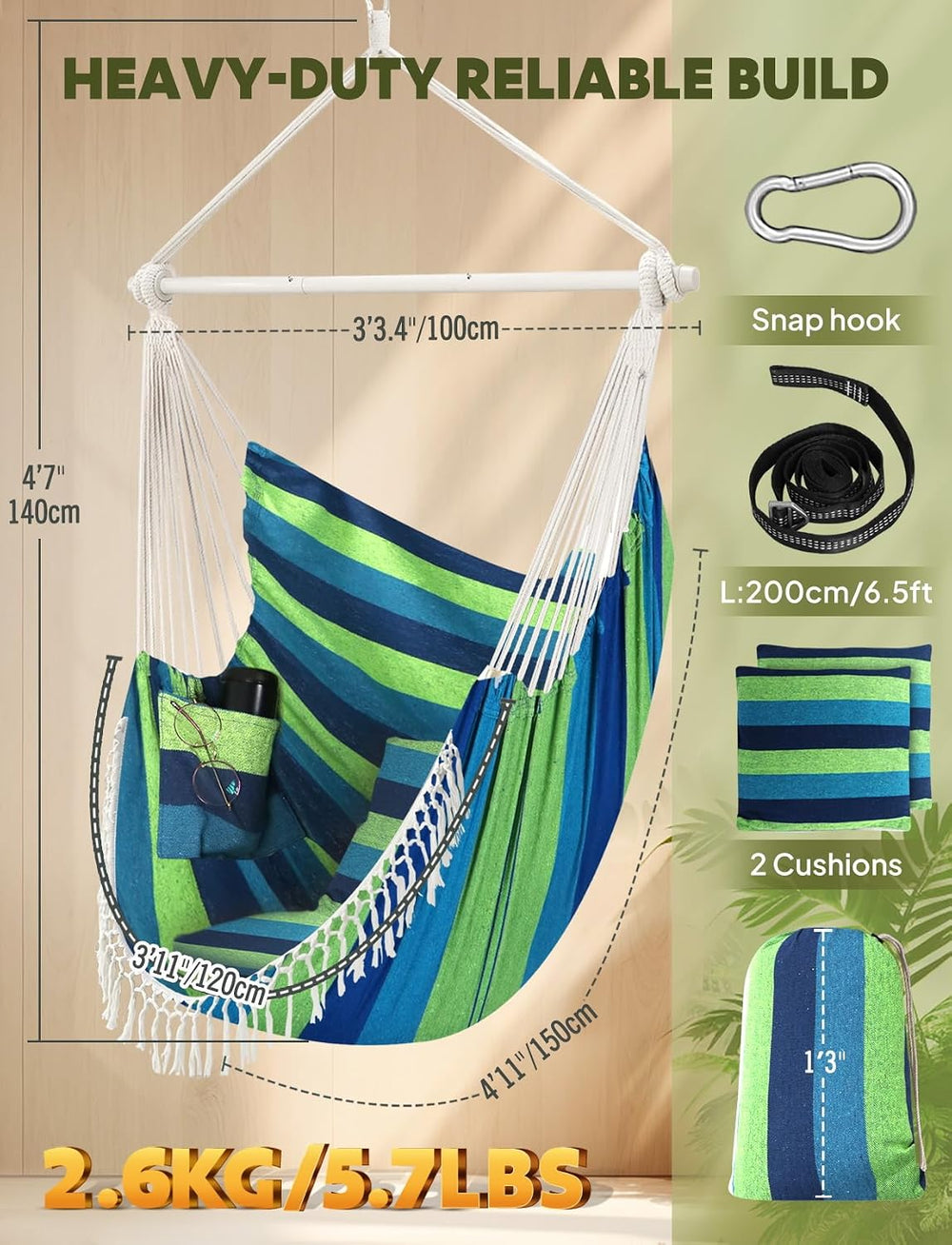 Chihee Hammock Chair 4.9ft x 3.9ft Max 500 Lbs 2 Cushions Strap Carabiner