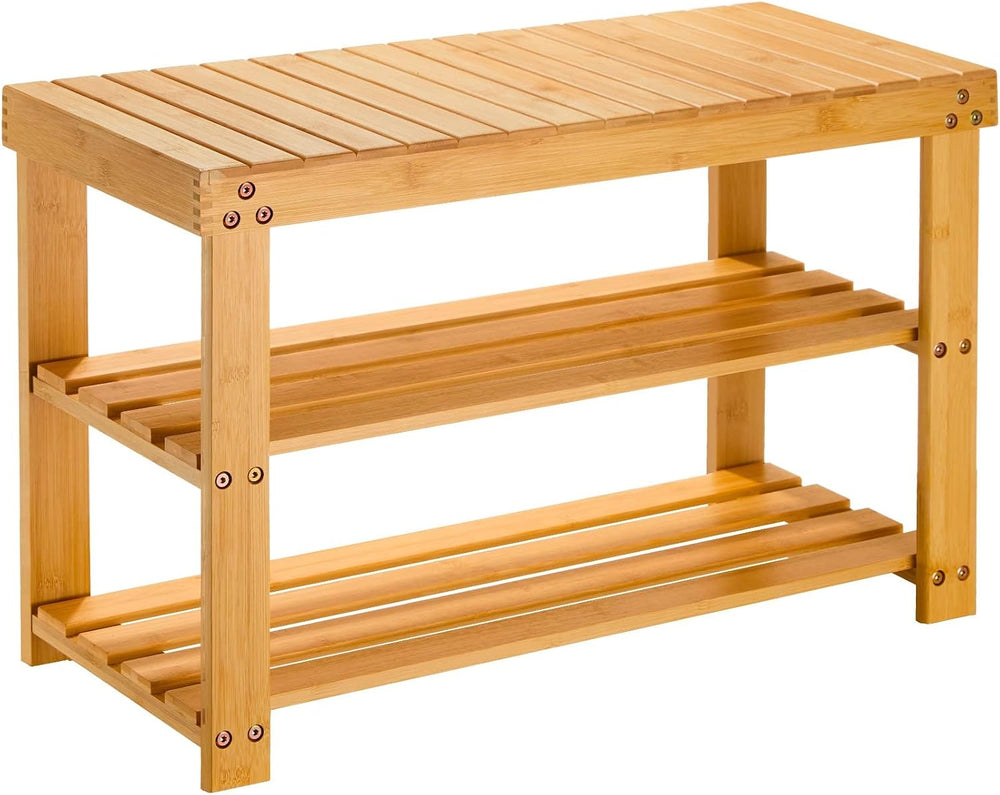 Pipishell 3 Tier Bamboo Shoe Rack Bench for Entryway, Natural