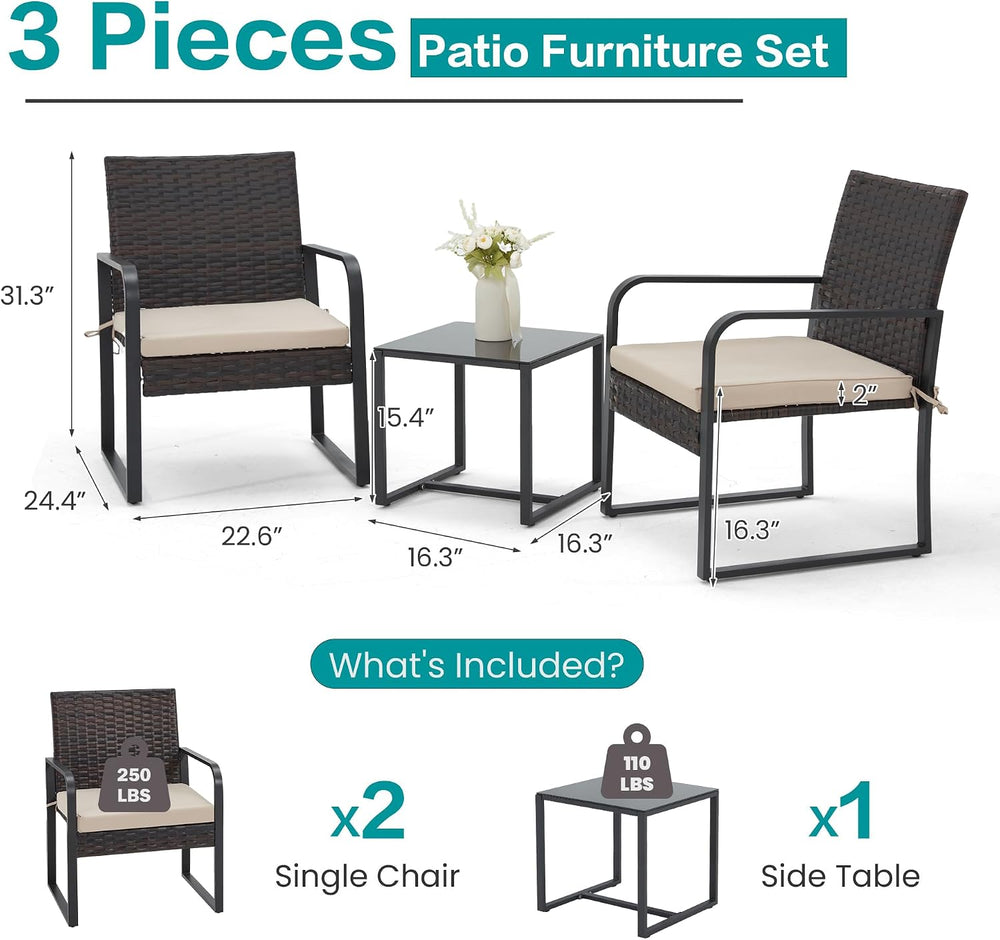 Bezseller 3-Piece Patio Furniture Set, Wicker Bistro Set, Brown