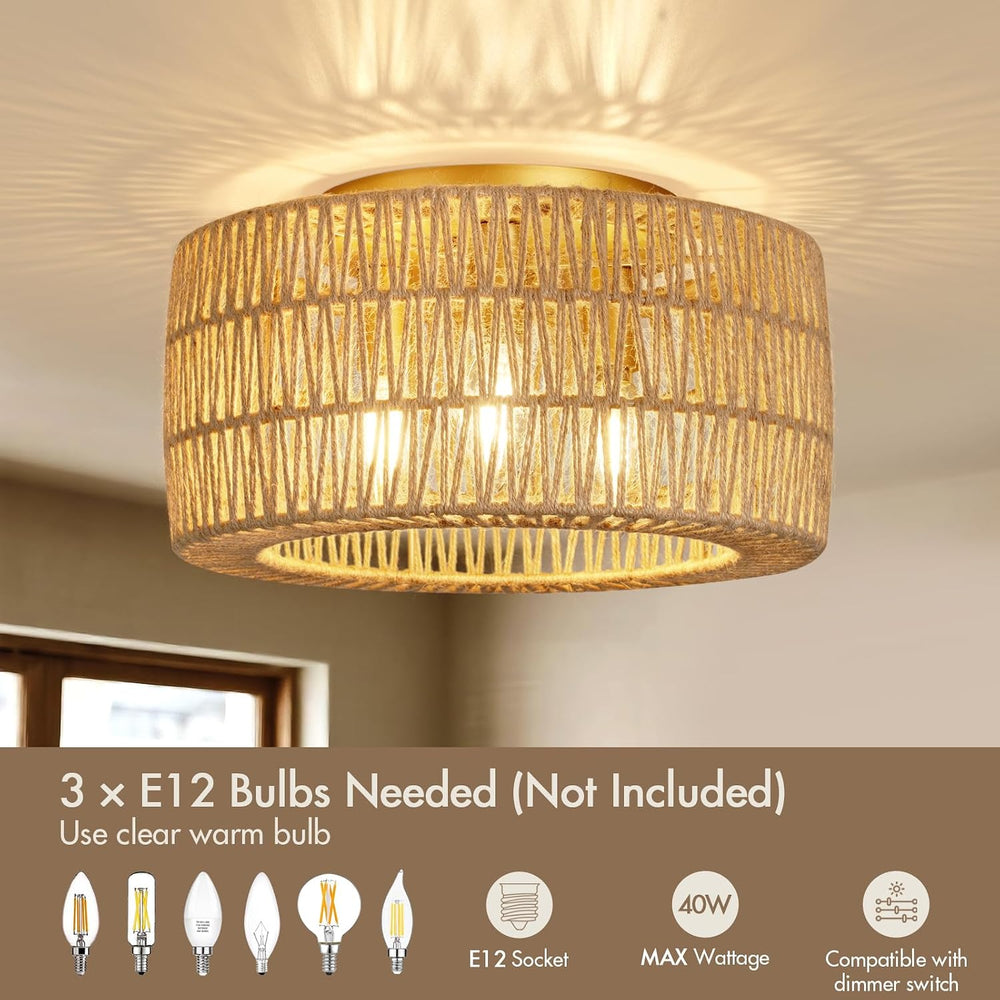 Boho Light Ceiling Fixture Flush Mount Rattan Woven Basket Chandelier for Bed...