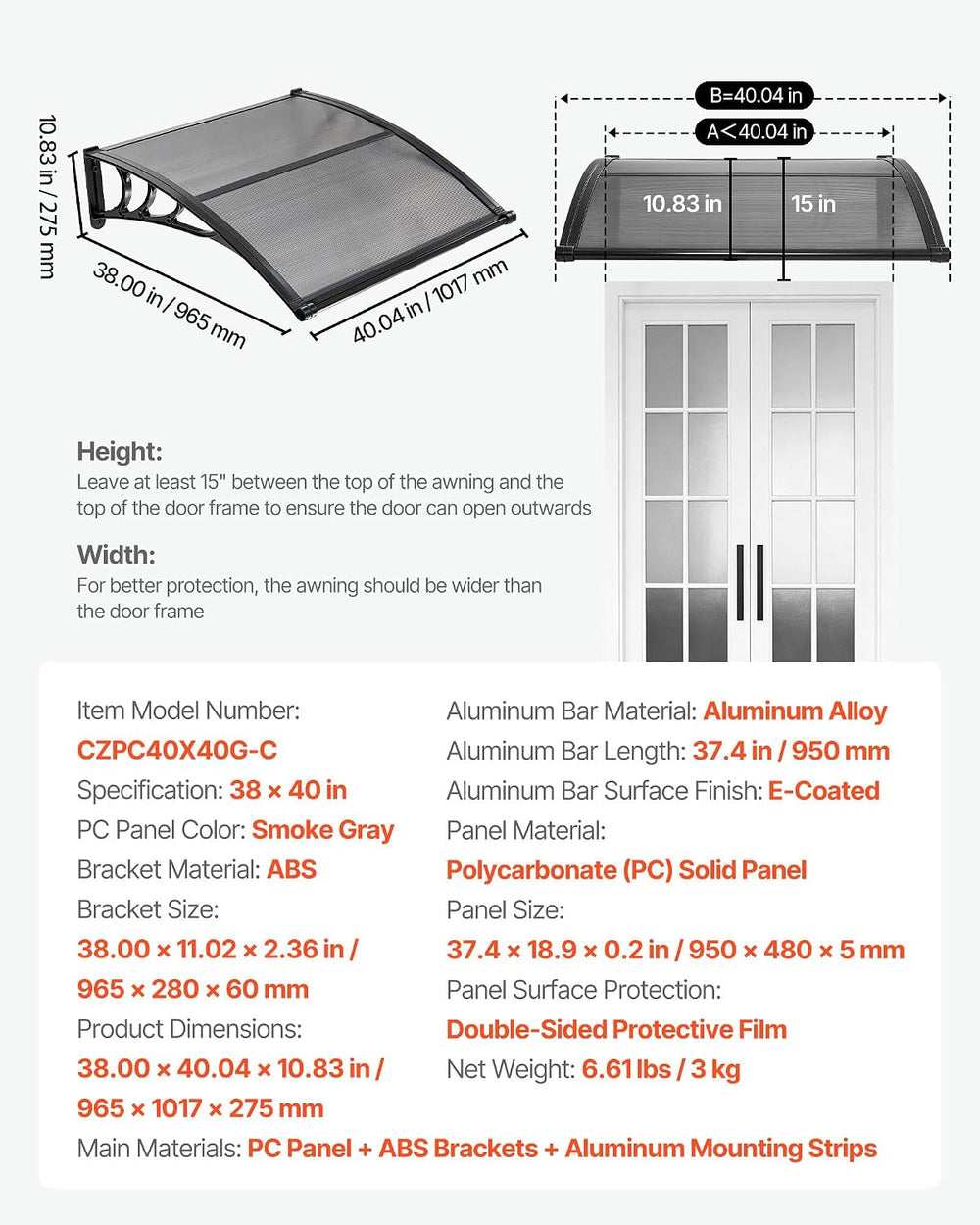 VEVOR Awnings for Door Entrance, 38" x 40" Window Door Awning Canop...