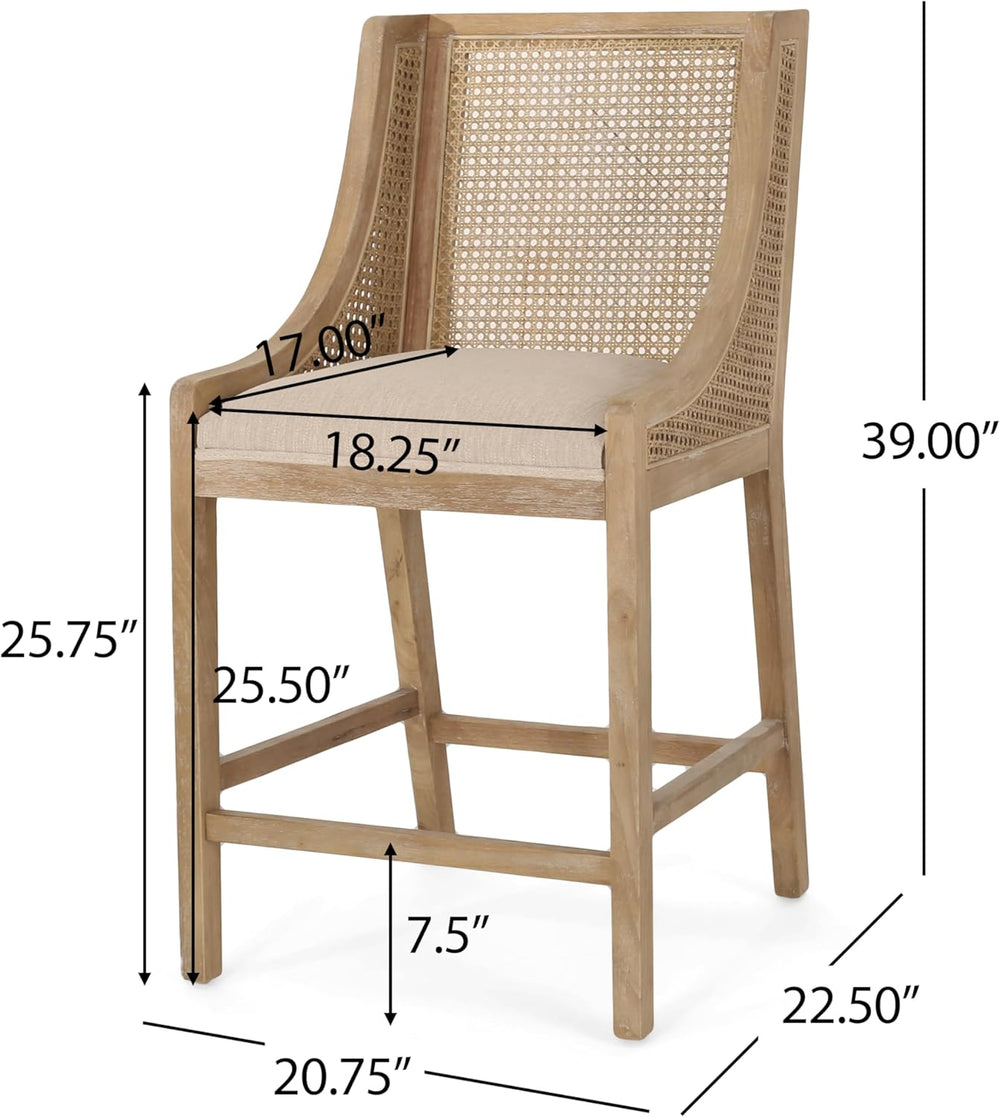 Merax 25.5" Fabric Upholstered Wood and Cane Counter Stools with Backres...