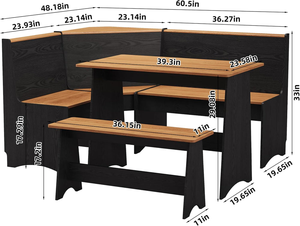 Farmhouse Breakfast Nook Table Set with Corner Bench (Black + Natural)