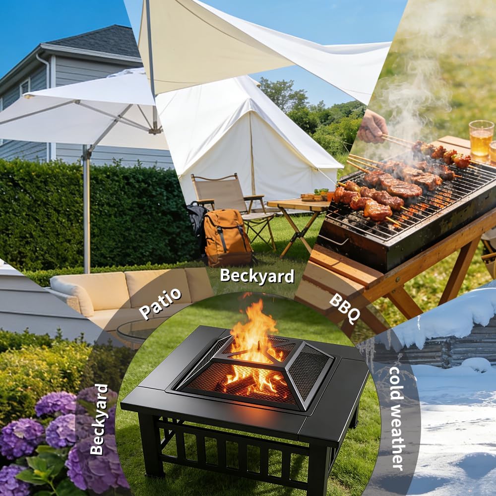 3-in-1 Multifunctional Square Fire Pit Table, 32-Inch Outdoor Metal Fire Pit ...