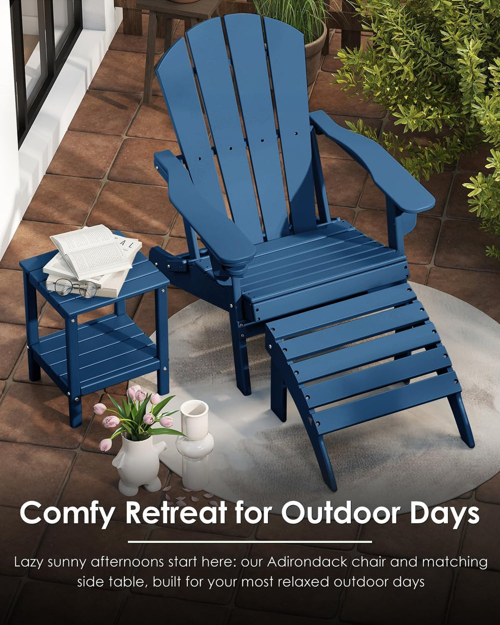 GREENVINES Folding Adirondack Chairs Set of 4 w/Cup Holder, HDPE, Blue