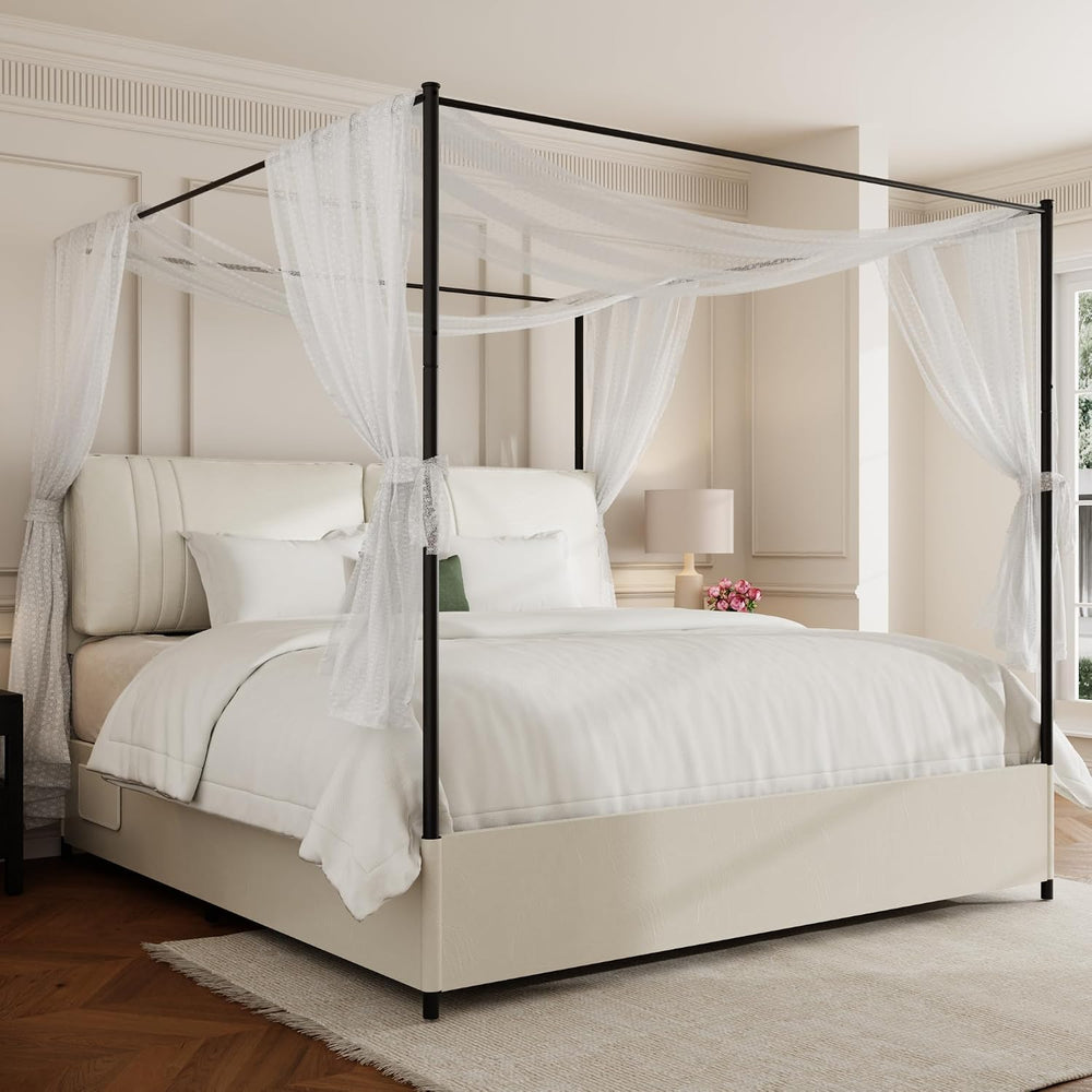 King Canopy Bed Frame with Tall Upholstered Faux Leather Headboard