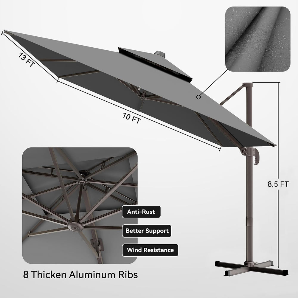 10x13' Cantilever Patio Outdoor Umbrella & Double Top, Grey