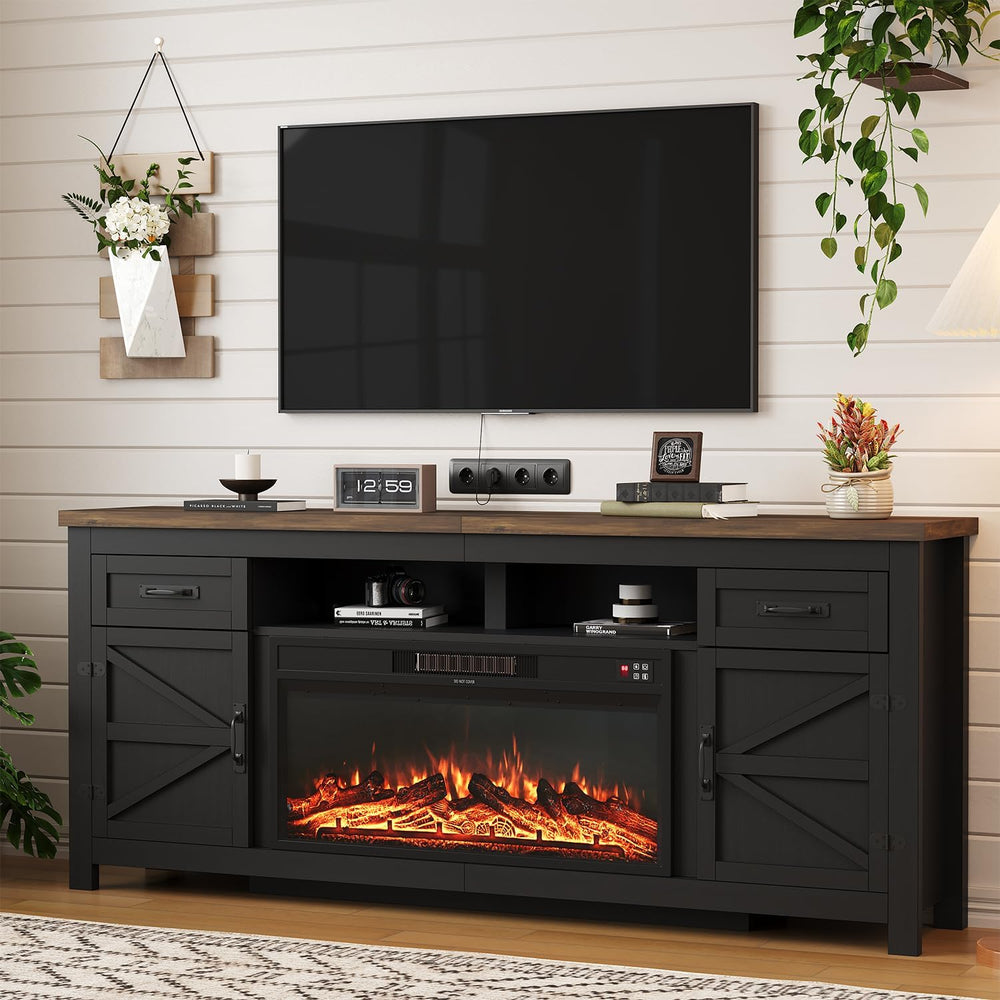Fireplace TV Stand with Barn Door, 80 inch,Modern Black