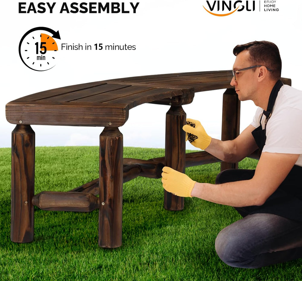 VINGLI Outdoor Bench Wooden Curved Bench, All-Weather Fire Pit Backless Patio...