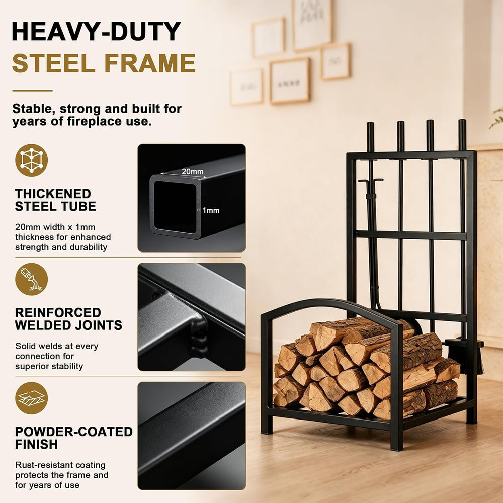 Gtongoko Fireplace Tools Set with Log Rack Holder, Heavy-Duty Steel Frame