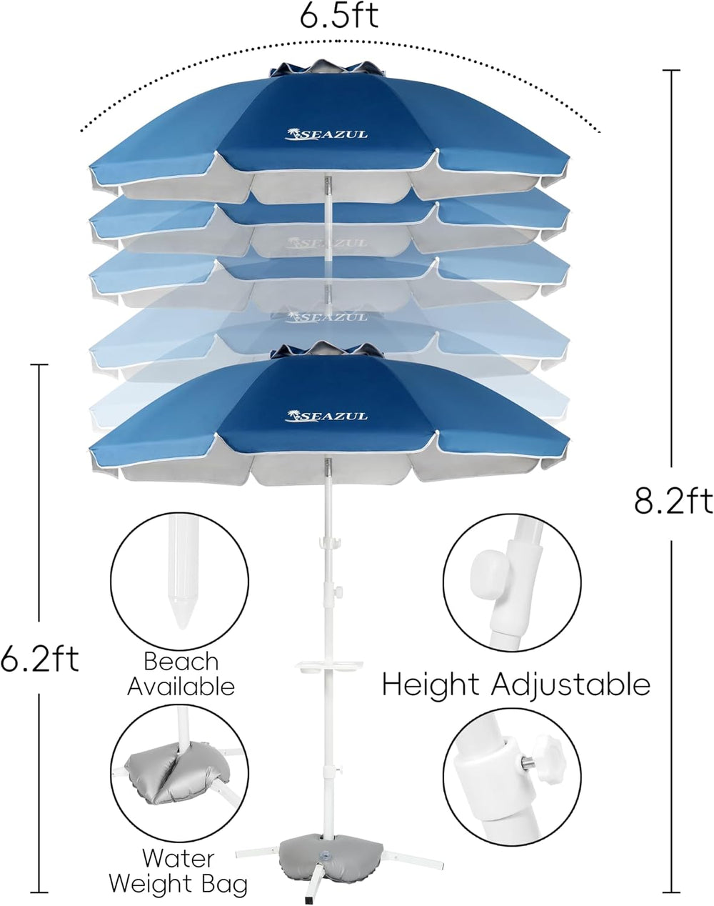 Seazul 6.5ft Sun Shade Umbrella, Portable Umbrella with Stand for Sports