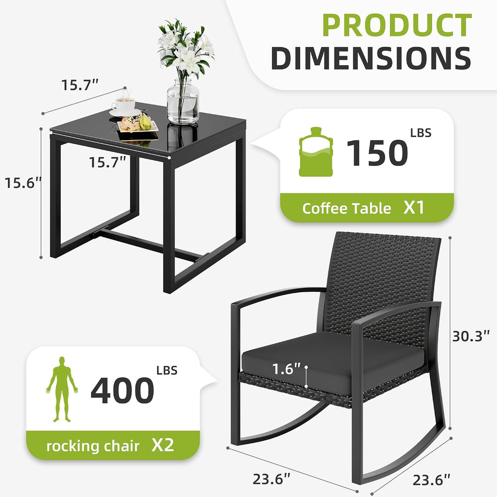 3 Pieces Outdoor Patio Set -Wicker Rattan Chair Conversation Set with Glass T...