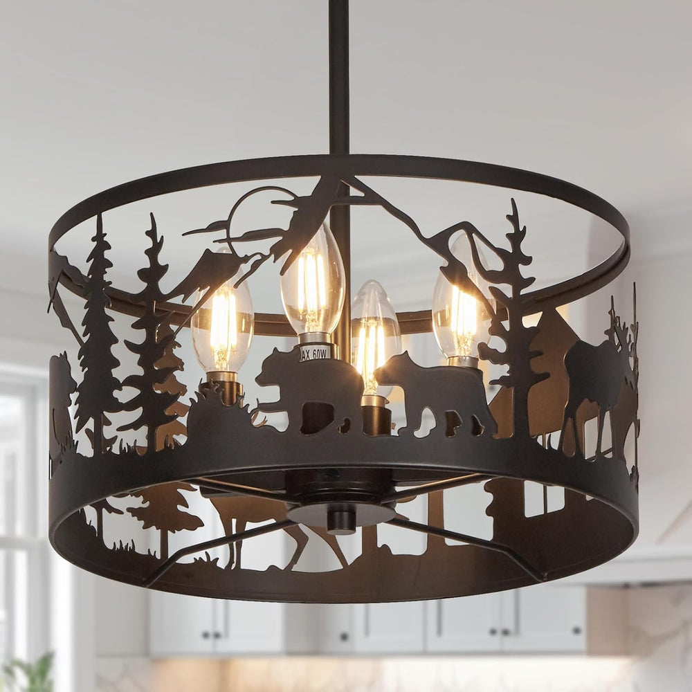 Rustic Deer Bear Cabin Chandelier, 4-Light Farmhouse Pendant Light