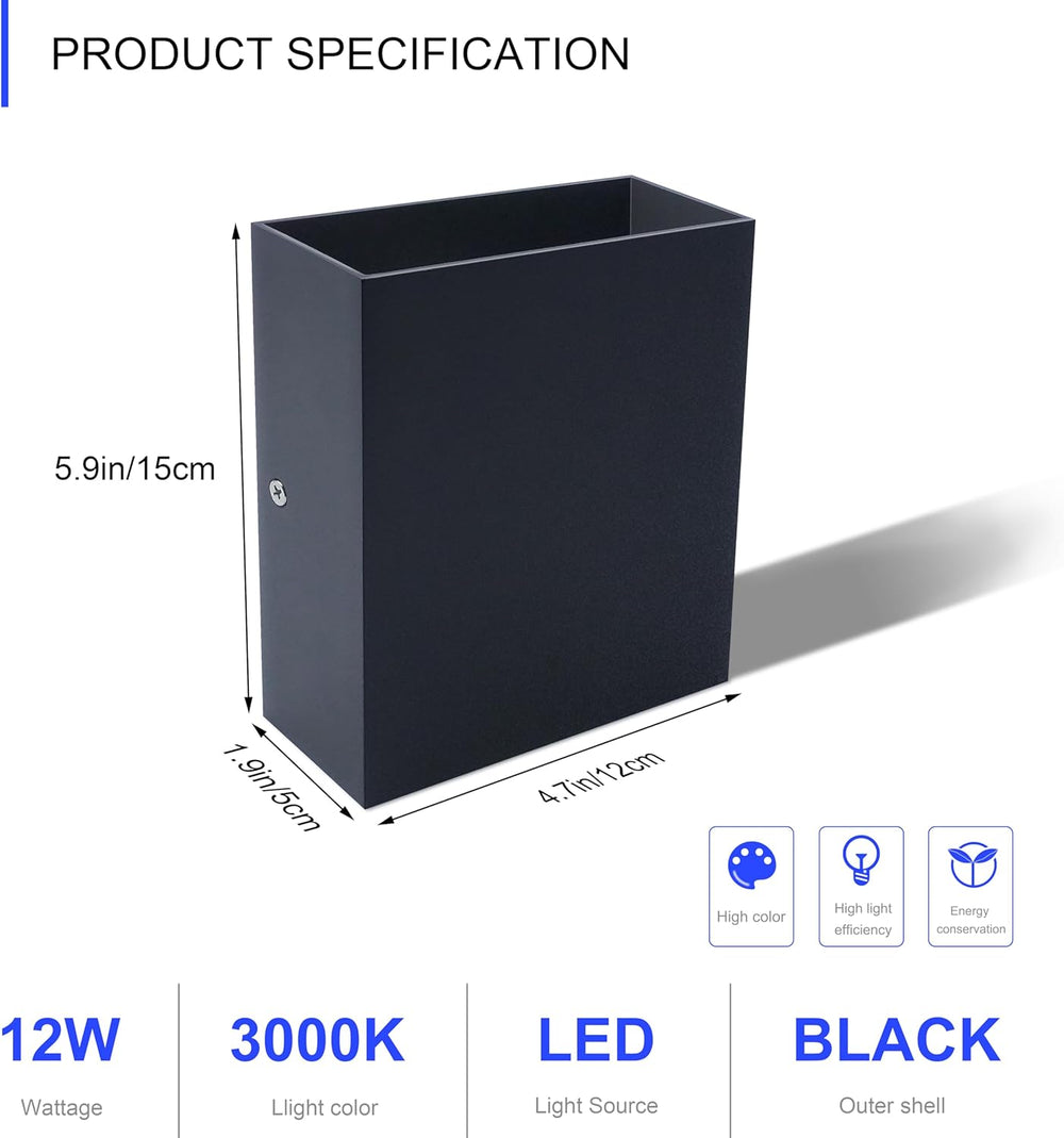 KICAAO LED Wall Sconces Set of Two, 12W Wall Light, Black Warm Light 3000K