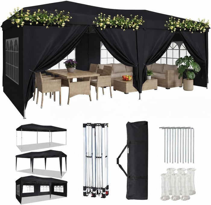 Aoxun 10x20 Pop Up Canopy Tent with 6 Sidewalls, Party Tent, Black