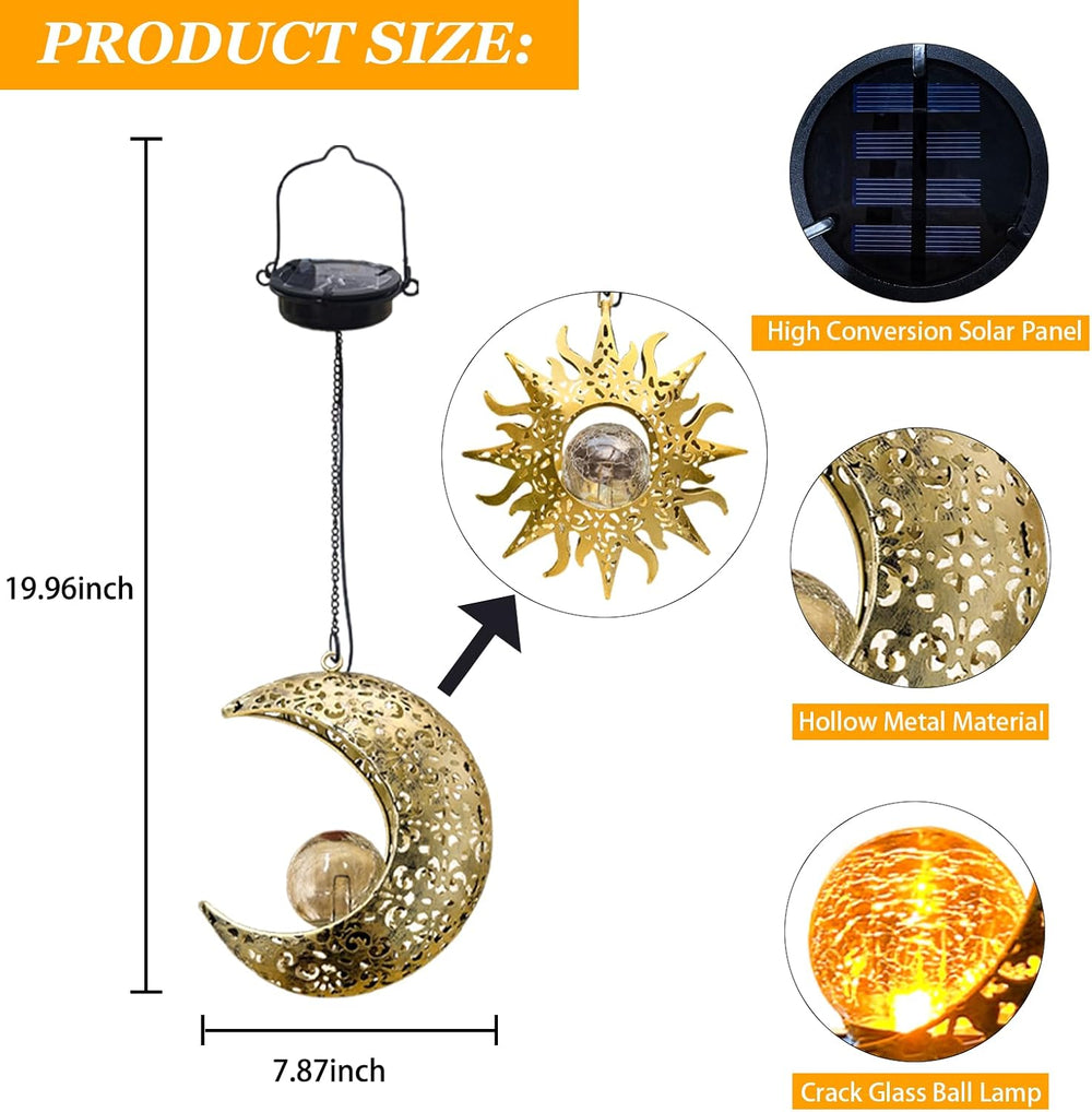 Solar Hanging Sun Moon Lights,Outdooor Lanterns Waterproof Garden Gifts
