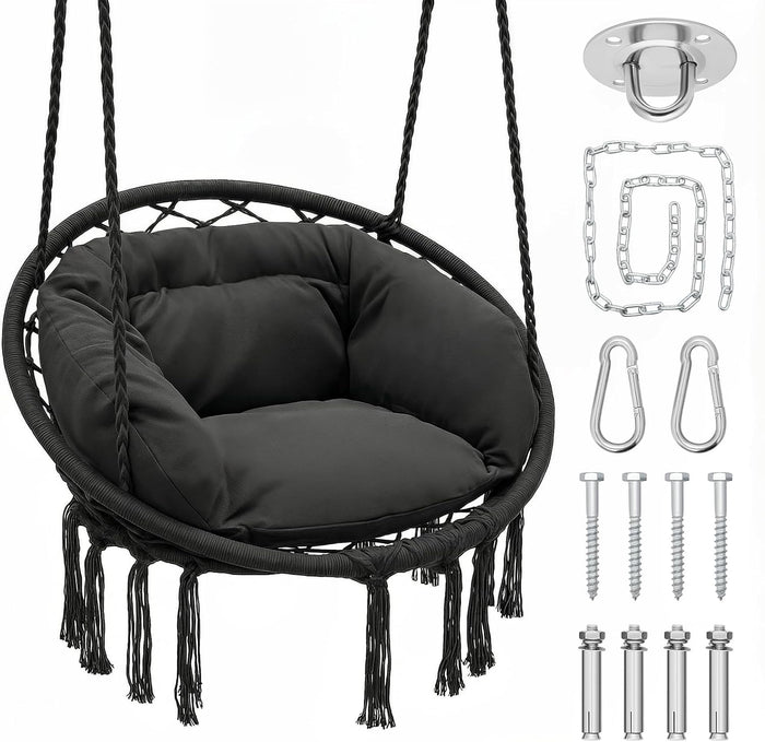 Magshion Macrame Hanging Hammock Chair with Cozy Full Cushion, Black