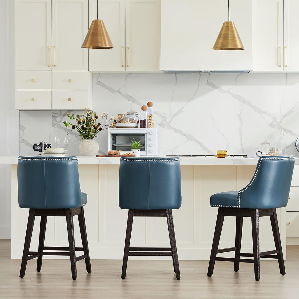 CHITA 26" Counter Height Swivel Bar Stools, Blue Faux Leather, 3-Pack