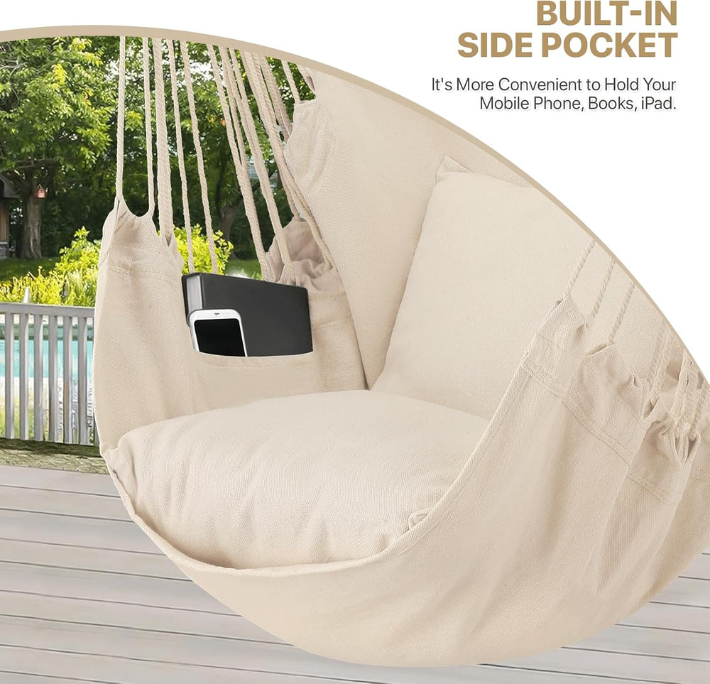 MoNiBloom Hammock Chair Hanging Rope Swing w/2 Cushions, Beige