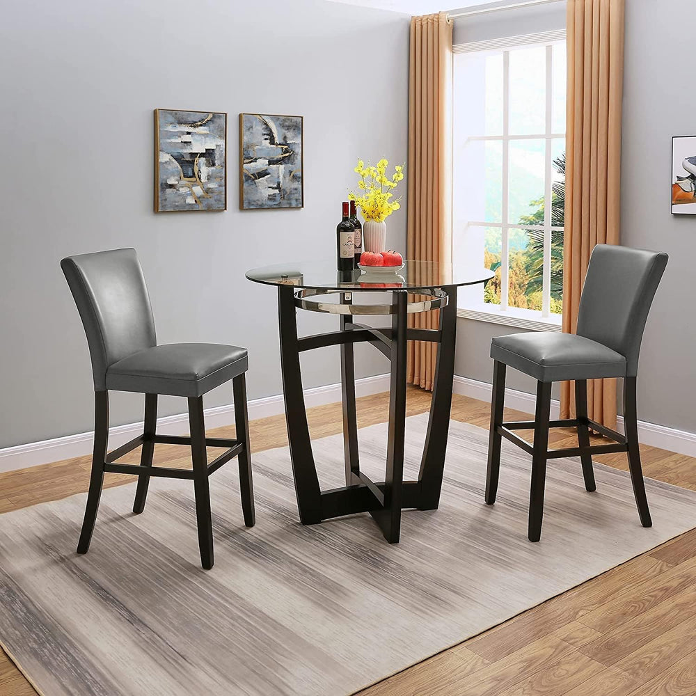 42" Round Bar Height Glass Dining Table, Solid Wood Base, 42" Height