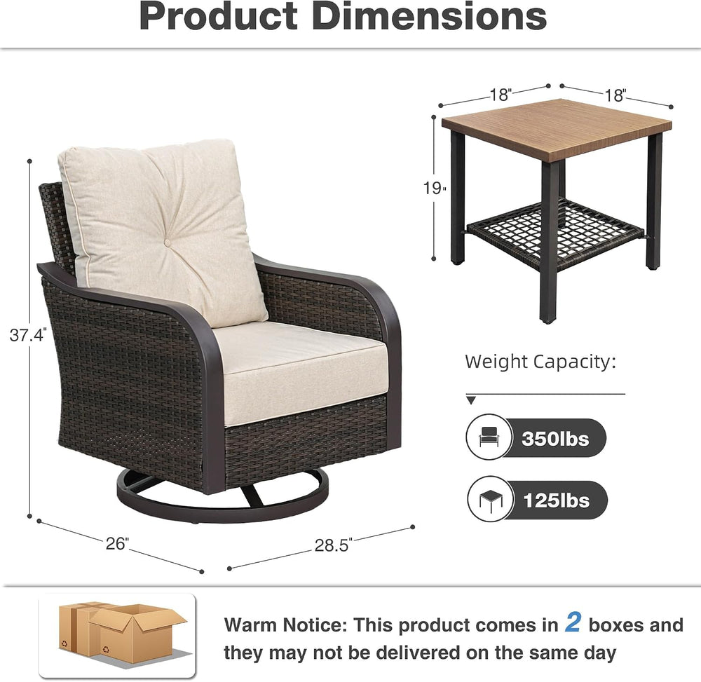 Wicker Swivel Rocking Chairs Set with 6 Inch Cushions, Beige