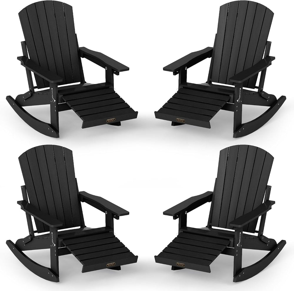 4-in-1 Adirondack Rocking Chair Set of 4, HDPE, Ottoman, Black