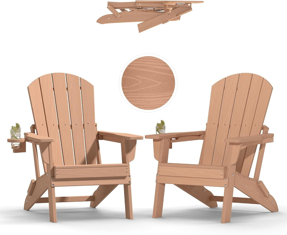 Plawdlik HDPE Folding Adirondack Chair Set of 2 with Cup Holder, Teak