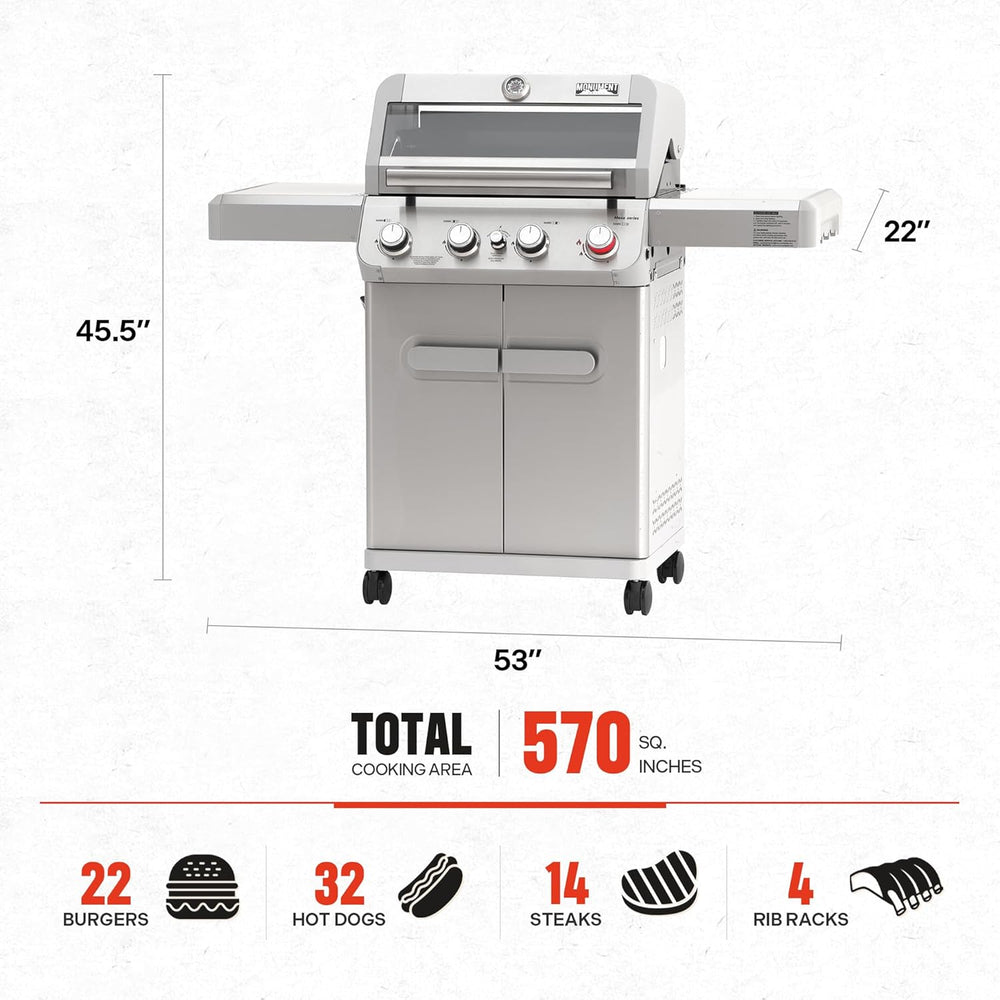 Monument Grills 4 Burner Propane Gas Grill, Stainless Steel Outdoor Patio Bar...