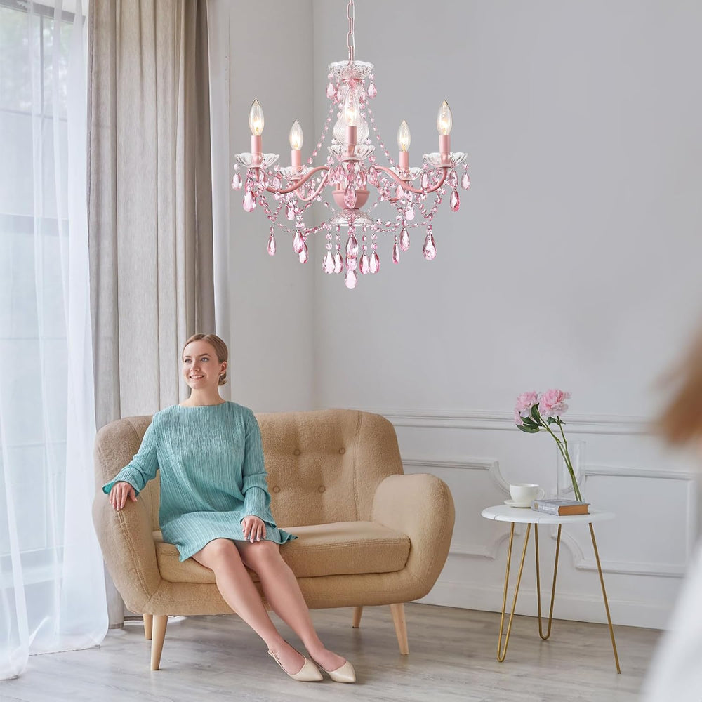 AMZASA Modern Crystal Pink Chandelier, Not Acrylic Crystal,Pink Crystals Hang...
