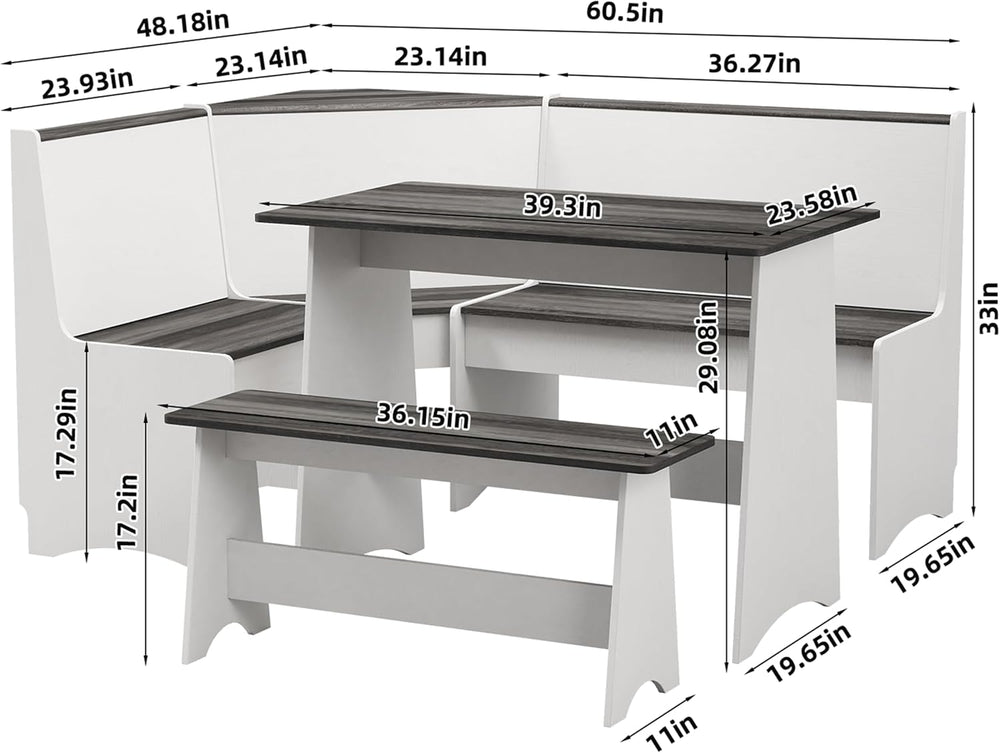 Farmhouse Breakfast Nook Table Set with Corner Bench (White + Gray)