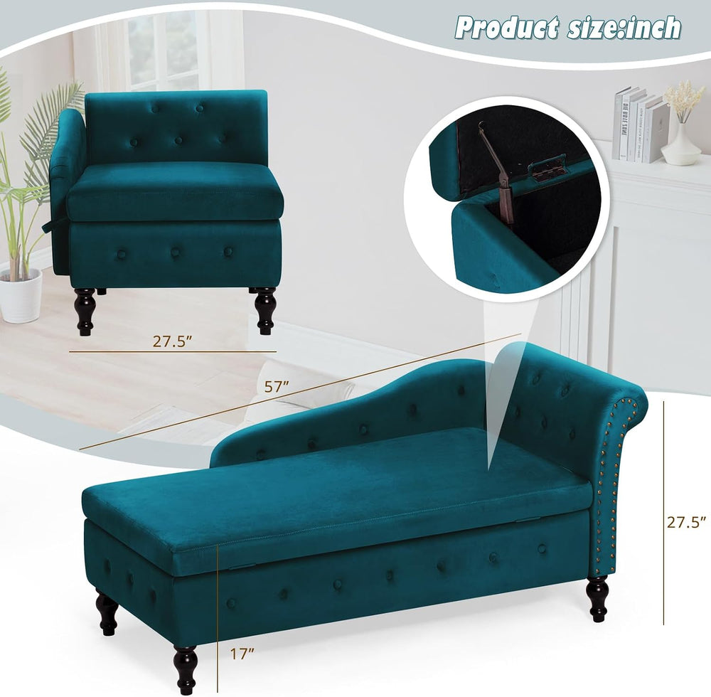 Velvet Chaise Lounge w/Right Armrest & Storage Space, Teal